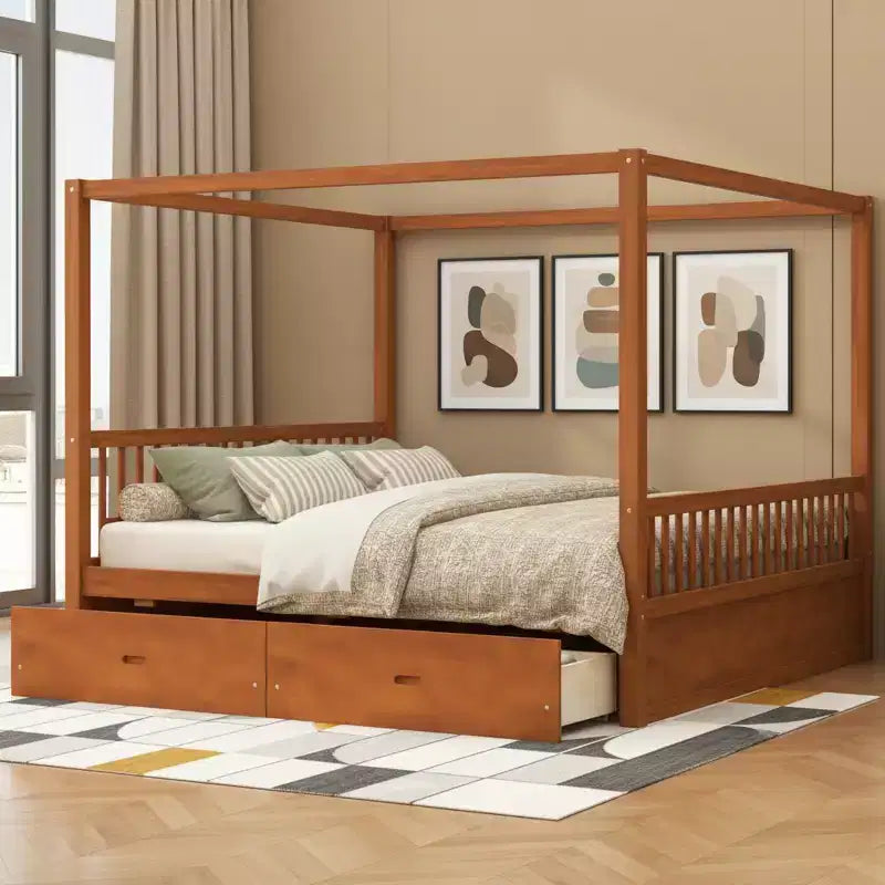 Polibi Rustic Wooden Canopy Bed with Storage Drawers
