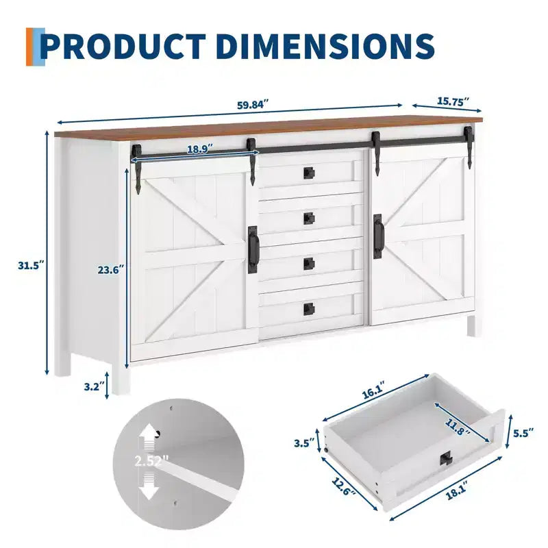 60 Mobile credenza a buffet rustico con ante scorrevoli a fienile e 4 cassetti, mobile da cucina con contenitore per sala da pranzo, angolo caffè