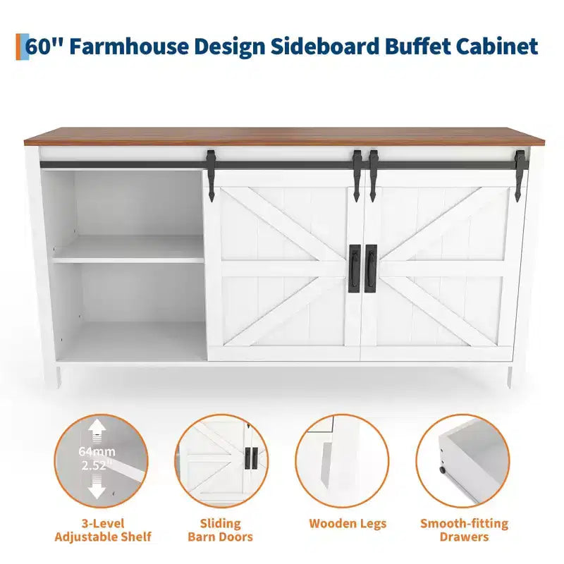 60 Mobile credenza a buffet rustico con ante scorrevoli a fienile e 4 cassetti, mobile da cucina con contenitore per sala da pranzo, angolo caffè