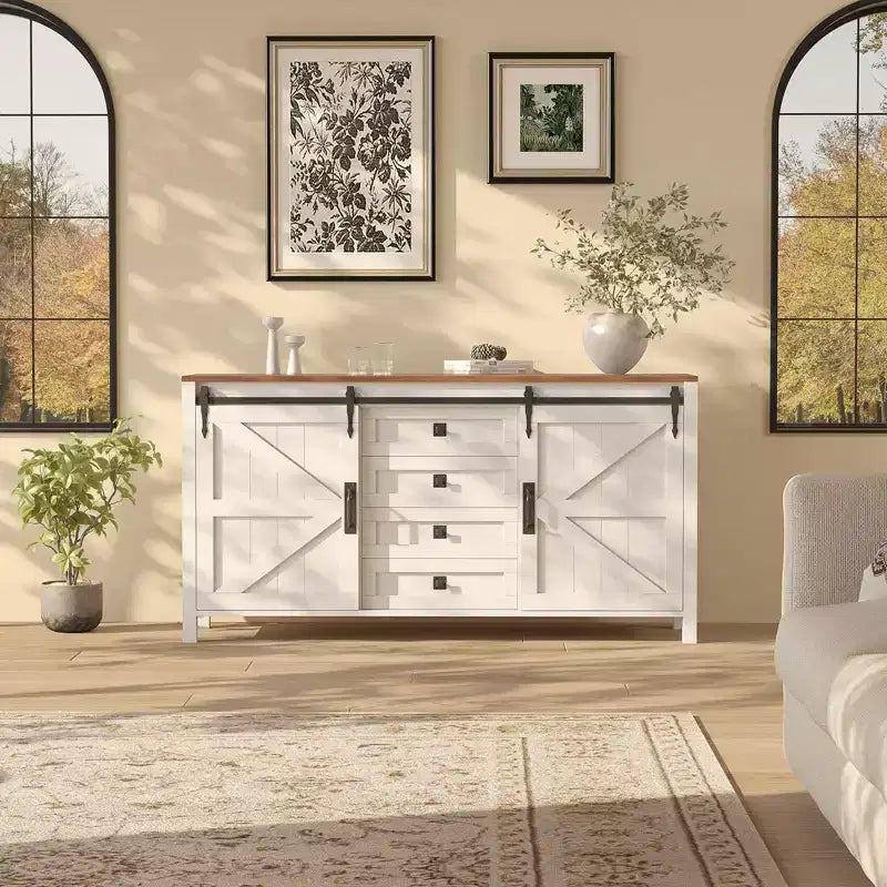 60 Mobile credenza a buffet rustico con ante scorrevoli a fienile e 4 cassetti, mobile da cucina con contenitore per sala da pranzo, angolo caffè
