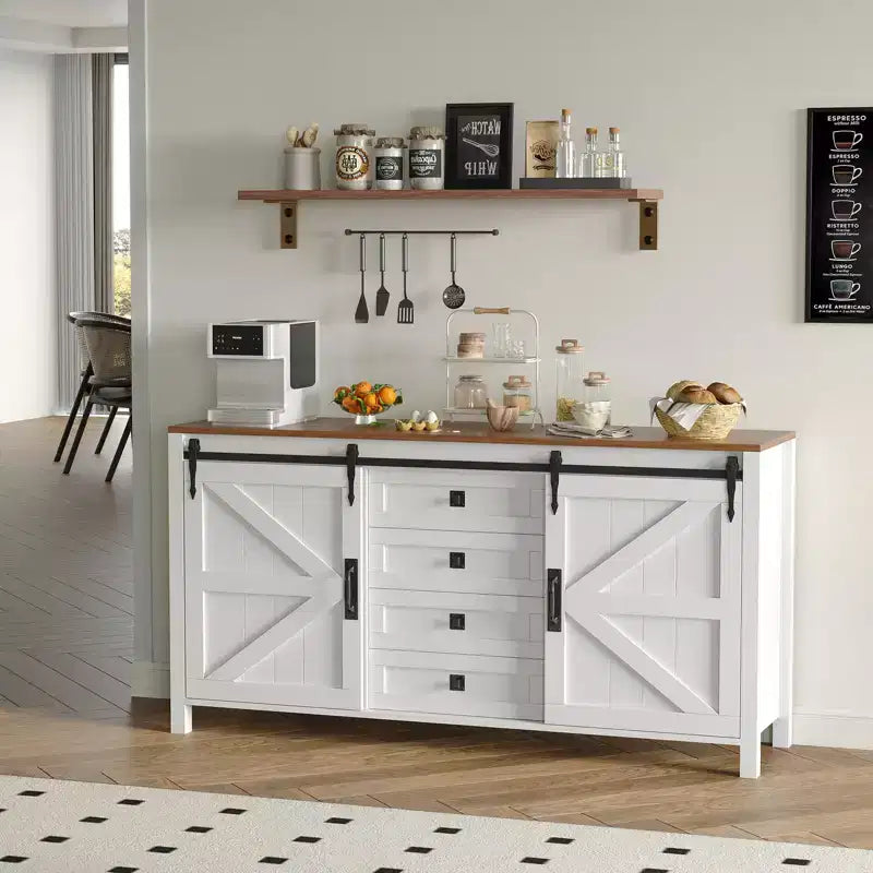 60 Mobile credenza a buffet rustico con ante scorrevoli a fienile e 4 cassetti, mobile da cucina con contenitore per sala da pranzo, angolo caffè