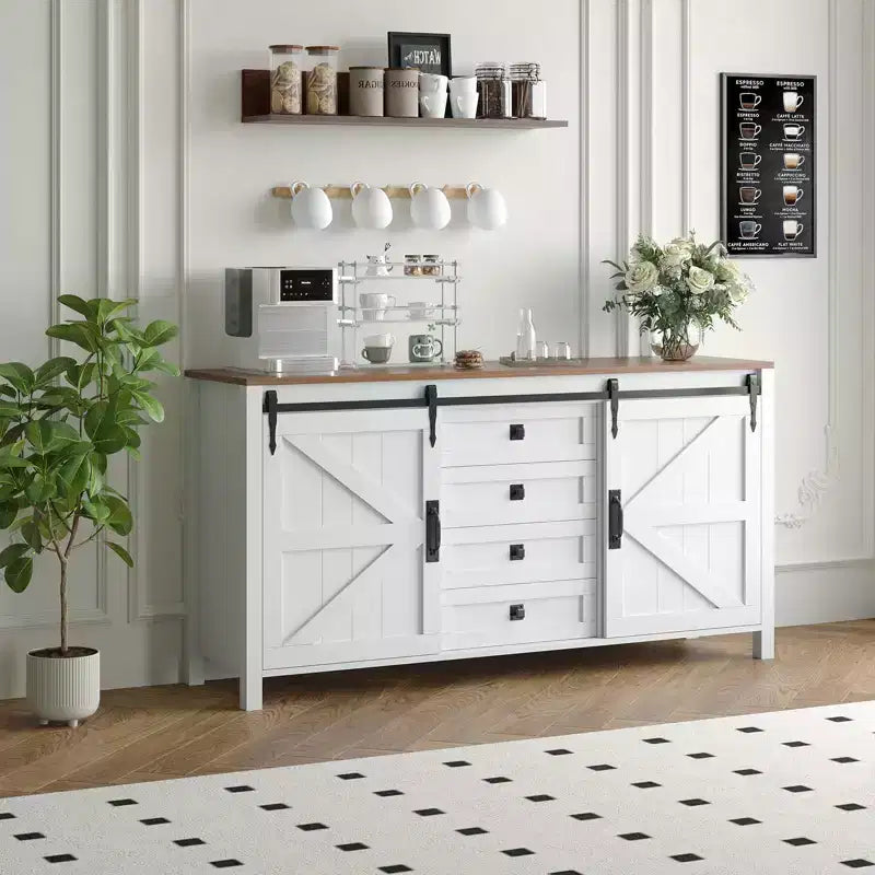 60 Mobile credenza a buffet rustico con ante scorrevoli a fienile e 4 cassetti, mobile da cucina con contenitore per sala da pranzo, angolo caffè