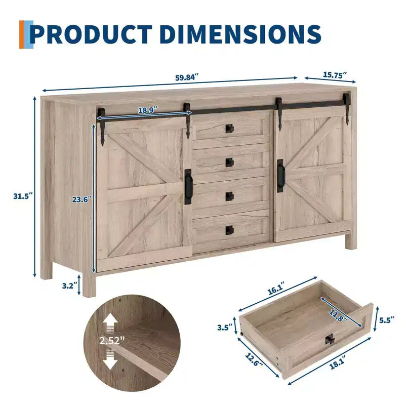 60 Mobile credenza a buffet rustico con ante scorrevoli a fienile e 4 cassetti, mobile da cucina con contenitore per sala da pranzo, angolo caffè