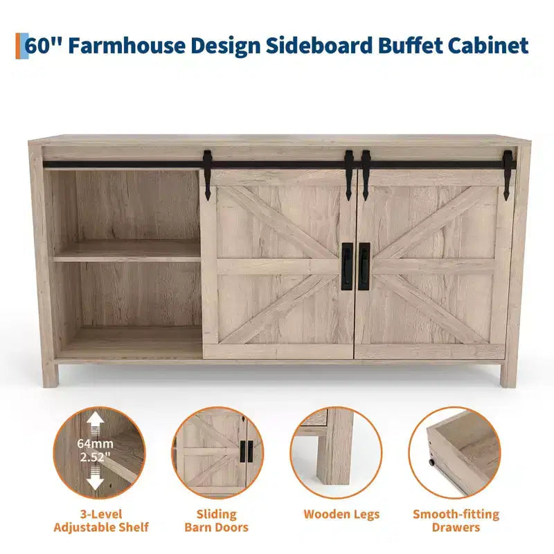 60 Mobile credenza a buffet rustico con ante scorrevoli a fienile e 4 cassetti, mobile da cucina con contenitore per sala da pranzo, angolo caffè