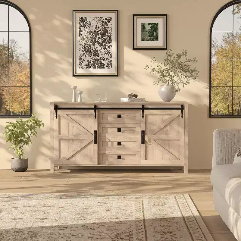 60 Mobile credenza a buffet rustico con ante scorrevoli a fienile e 4 cassetti, mobile da cucina con contenitore per sala da pranzo, angolo caffè