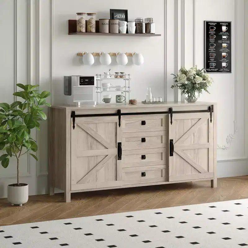 60 Mobile credenza a buffet rustico con ante scorrevoli a fienile e 4 cassetti, mobile da cucina con contenitore per sala da pranzo, angolo caffè
