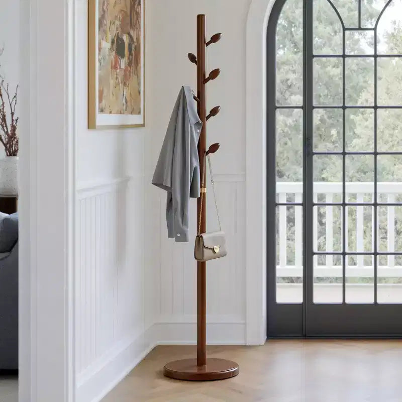 Bekrvio Wooden Freestanding Coat Rack with 8 Bud-shaped Hooks, Stable Round Base, Heavy Duty Wood Coat Tree Stand for Hallway Entryway, Brown