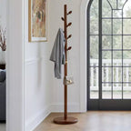 Bekrvio Wooden Freestanding Coat Rack with 8 Bud-shaped Hooks, Stable Round Base, Heavy Duty Wood Coat Tree Stand for Hallway Entryway, Brown