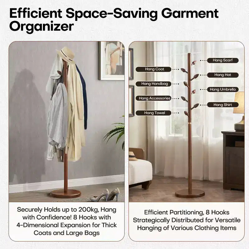 Bekrvio Wooden Freestanding Coat Rack with 8 Bud-shaped Hooks, Stable Round Base, Heavy Duty Wood Coat Tree Stand for Hallway Entryway, Brown