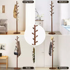 Bekrvio Wooden Freestanding Coat Rack with 8 Bud-shaped Hooks, Stable Round Base, Heavy Duty Wood Coat Tree Stand for Hallway Entryway, Brown