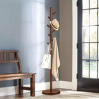 Bekrvio Wooden Freestanding Coat Rack with 8 Bud-shaped Hooks, Stable Round Base, Heavy Duty Wood Coat Tree Stand for Hallway Entryway, Brown