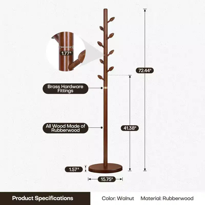 Bekrvio Wooden Freestanding Coat Rack with 8 Bud-shaped Hooks, Stable Round Base, Heavy Duty Wood Coat Tree Stand for Hallway Entryway, Brown
