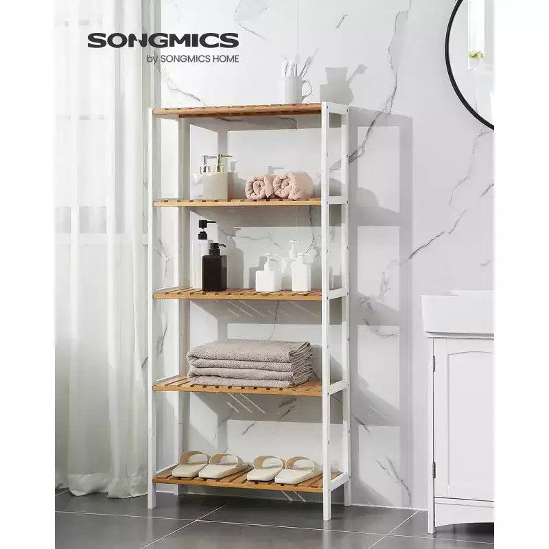SONGMICS Scaffale in bambù, Scaffalatura a 5 Ripiani, Multifunzionale, per Ingresso, Bagno, 26 x 60 x 130 cm