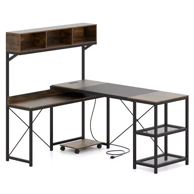 Costway L-Shaped Computer Desk with Power Outlets, 62 Corner Desk with Storage Hutch
