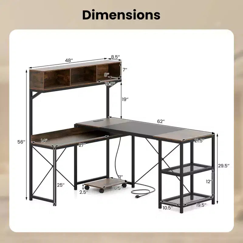Costway L-Shaped Computer Desk with Power Outlets, 62 Corner Desk with Storage Hutch
