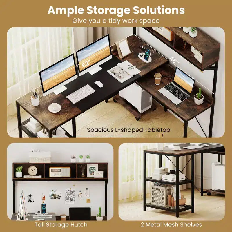 Costway L-Shaped Computer Desk with Power Outlets, 62 Corner Desk with Storage Hutch