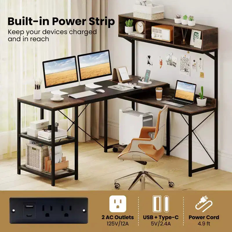 Costway L-Shaped Computer Desk with Power Outlets, 62 Corner Desk with Storage Hutch