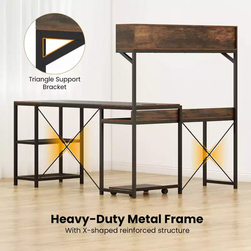 Costway L-Shaped Computer Desk with Power Outlets, 62 Corner Desk with Storage Hutch