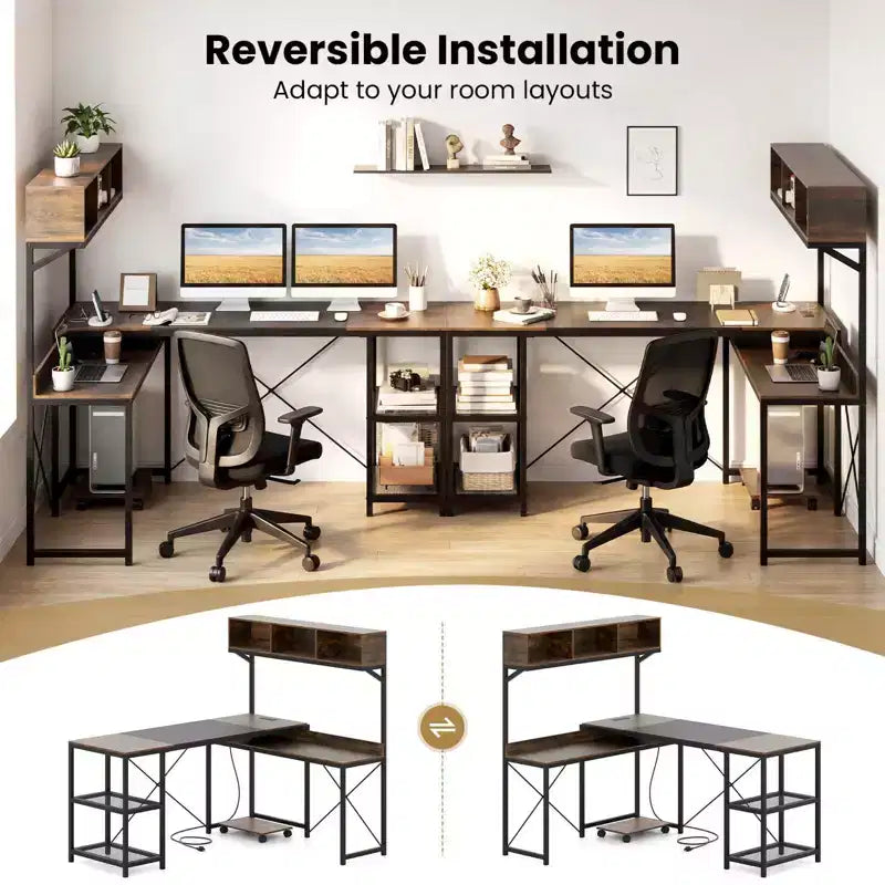 Costway L-Shaped Computer Desk with Power Outlets, 62 Corner Desk with Storage Hutch
