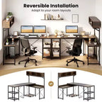 Costway L-Shaped Computer Desk with Power Outlets, 62 Corner Desk with Storage Hutch