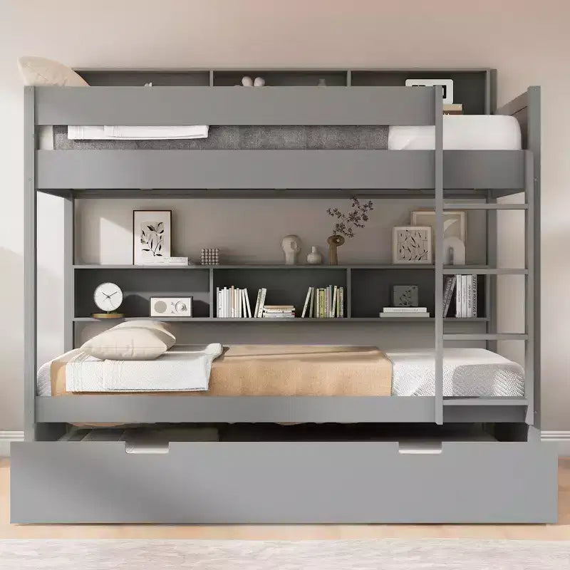 Letto a castello Whisen Full over Full e struttura letto con letto estraibile e vano contenitore integrato