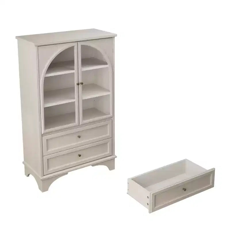 JVNOXK 52.17 Inch Tall Glass Door Display Cabinet with Storage, 2 Drawers and Adjustable Shelves, for Living Room and Bedroom, White