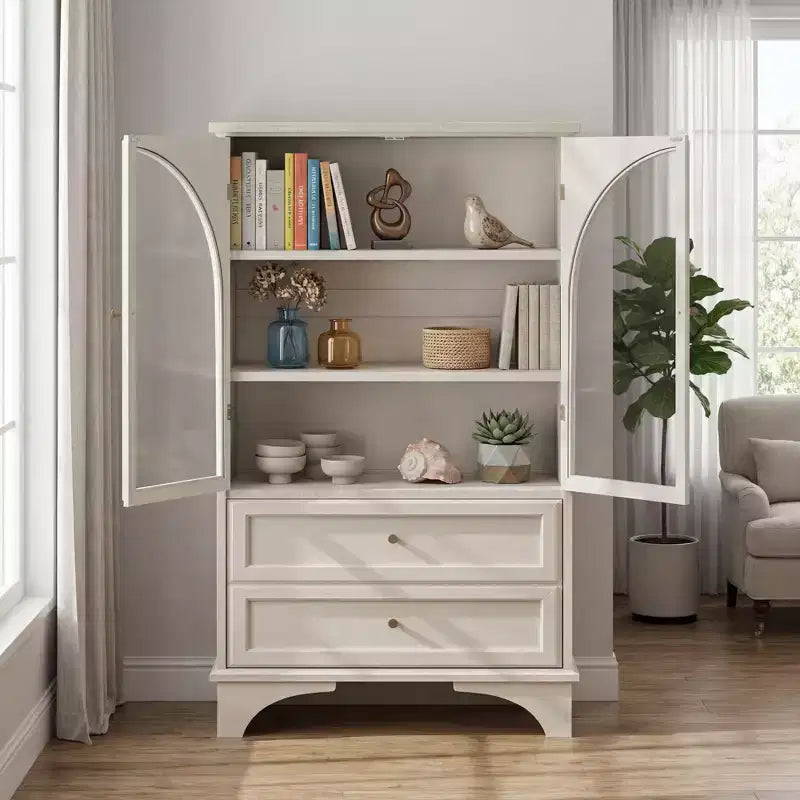 JVNOXK 52.17 Inch Tall Glass Door Display Cabinet with Storage, 2 Drawers and Adjustable Shelves, for Living Room and Bedroom, White