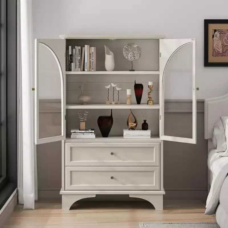 JVNOXK 52.17 Inch Tall Glass Door Display Cabinet with Storage, 2 Drawers and Adjustable Shelves, for Living Room and Bedroom, White
