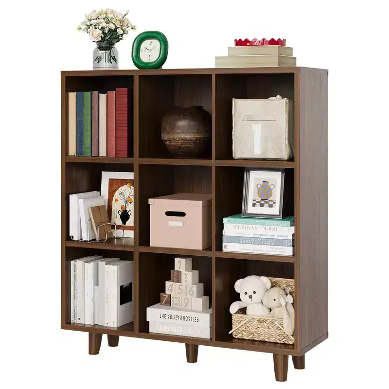9-Tier Mid-Century Modern Bookshelf-Rustic Brown Wood Cube Storage Organizer with Anti-Tipping Legs for Living Room/Home Office (9-Cube, Retro Brown)