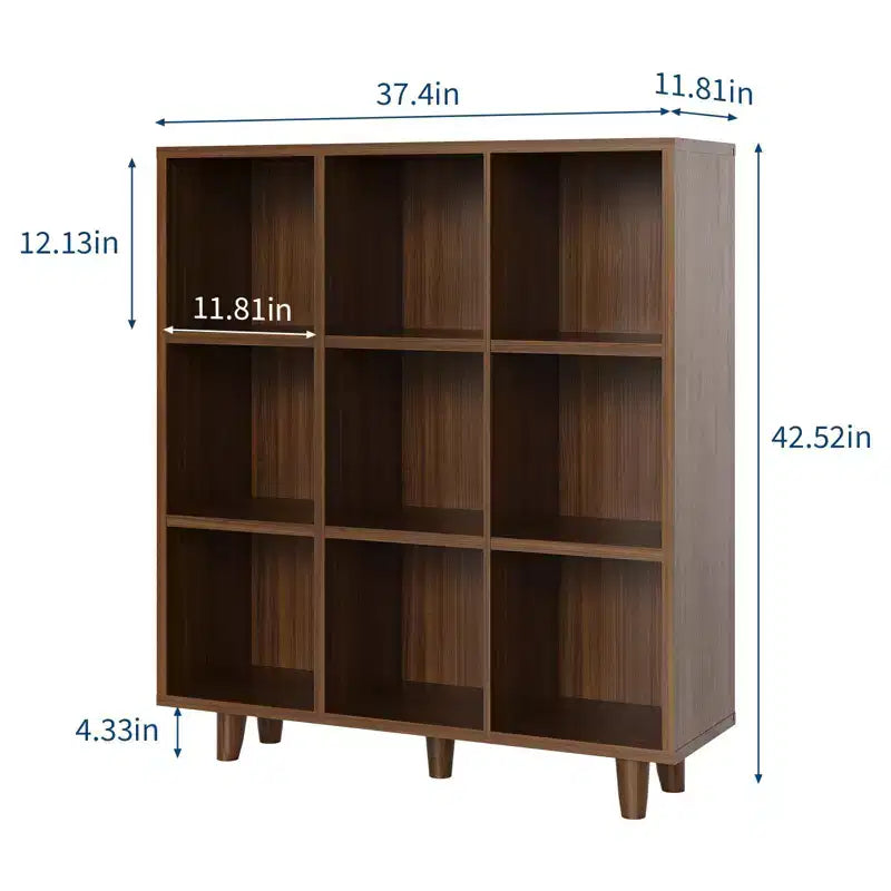 Libreria a 9 Scomparti in Stile Mid-Century Moderno - Organizzatore di Archiviazione a Cubi in Legno Marrone Rustico con Gambe Antiribaltamento per Soggiorno/Ufficio (9 Cubi, Marrone Retrò)