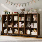 Libreria a 9 Scomparti in Stile Mid-Century Moderno - Organizzatore di Archiviazione a Cubi in Legno Marrone Rustico con Gambe Antiribaltamento per Soggiorno/Ufficio (9 Cubi, Marrone Retrò)