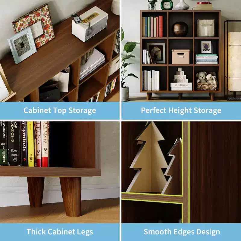 Libreria a 9 Scomparti in Stile Mid-Century Moderno - Organizzatore di Archiviazione a Cubi in Legno Marrone Rustico con Gambe Antiribaltamento per Soggiorno/Ufficio (9 Cubi, Marrone Retrò)