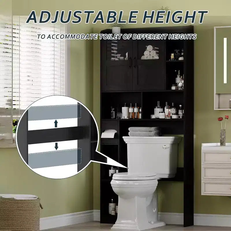 Mobiletto Salvaspazio Regolabile Sopra WC, Ante in Vetro e Ante Scorrevoli Stile Fienile, Mobiletto Sopra WC con Kit Antiribaltamento per Lavanderia, Bagno