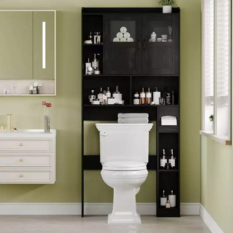 Mobiletto Salvaspazio Regolabile Sopra WC, Ante in Vetro e Ante Scorrevoli Stile Fienile, Mobiletto Sopra WC con Kit Antiribaltamento per Lavanderia, Bagno
