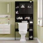 Mobiletto Salvaspazio Regolabile Sopra WC, Ante in Vetro e Ante Scorrevoli Stile Fienile, Mobiletto Sopra WC con Kit Antiribaltamento per Lavanderia, Bagno