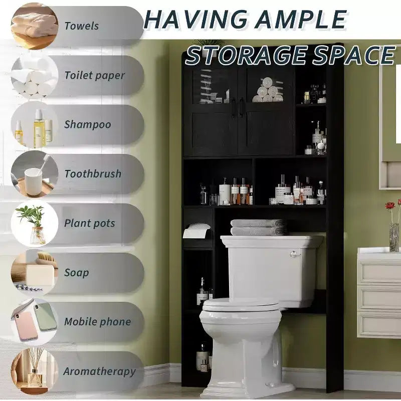 Mobiletto Salvaspazio Regolabile Sopra WC, Ante in Vetro e Ante Scorrevoli Stile Fienile, Mobiletto Sopra WC con Kit Antiribaltamento per Lavanderia, Bagno