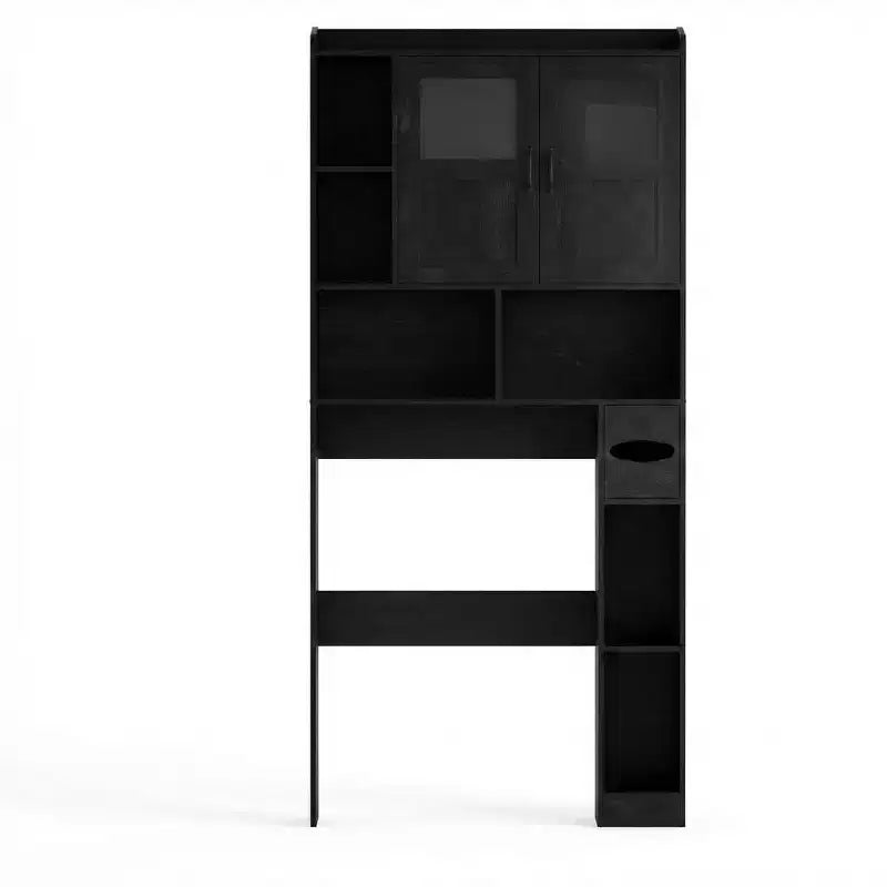 Mobiletto Salvaspazio Regolabile Sopra WC, Ante in Vetro e Ante Scorrevoli Stile Fienile, Mobiletto Sopra WC con Kit Antiribaltamento per Lavanderia, Bagno