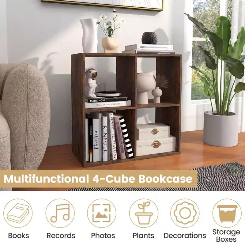 Costway 4-Cube Open Bookshelf with Anti-tip Kits Home Modern Style Storage Shelf for Study Black/White/Natural/Brown