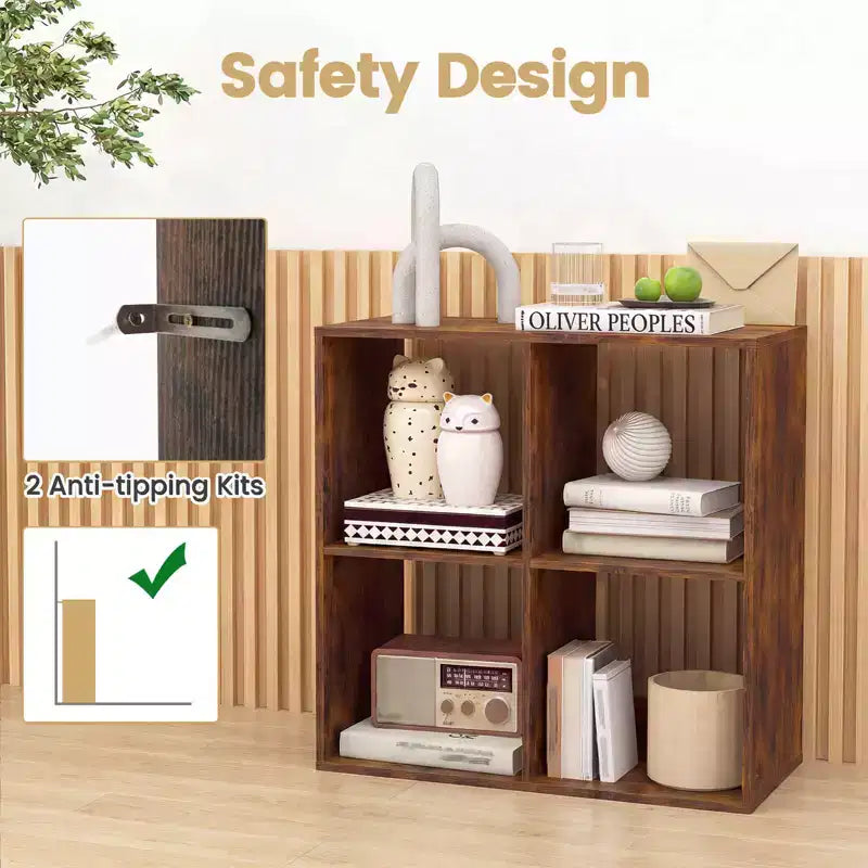 Costway 4-Cube Open Bookshelf with Anti-tip Kits Home Modern Style Storage Shelf for Study Black/White/Natural/Brown