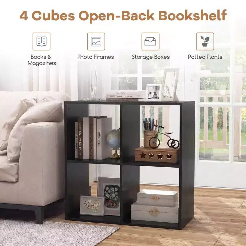 Costway 4-Cube Open Bookshelf with Anti-tip Kits Home Modern Style Storage Shelf for Study Black/White/Natural/Brown