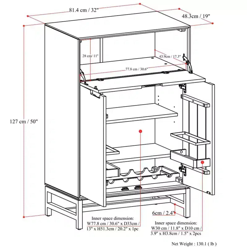 Devlin Mobile Bar Moderno Industriale in Legno Massello di Noce da 32 Pollici di Larghezza