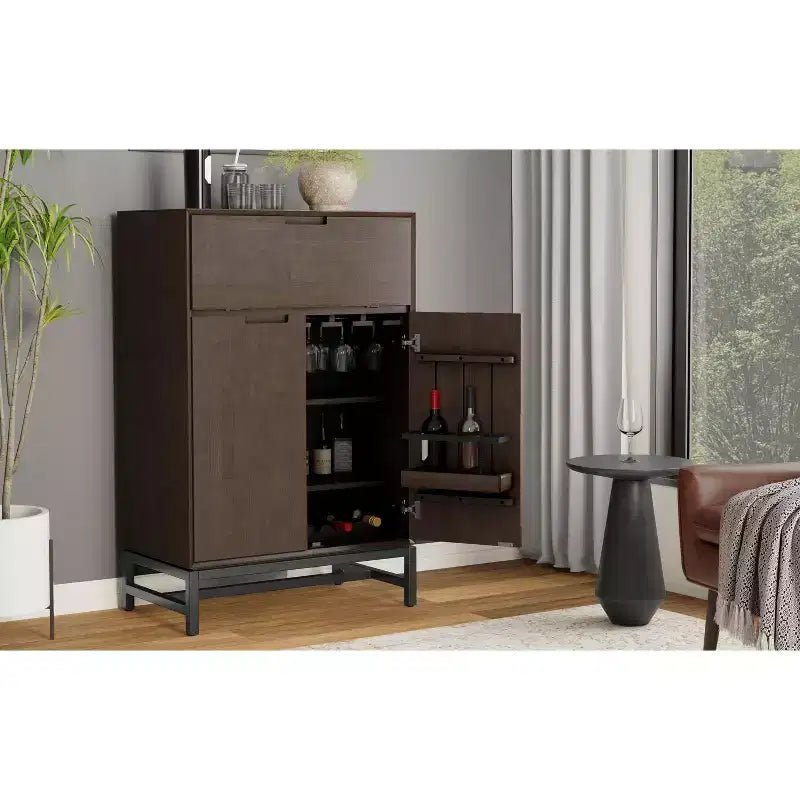Devlin Mobile Bar Moderno Industriale in Legno Massello di Noce da 32 Pollici di Larghezza