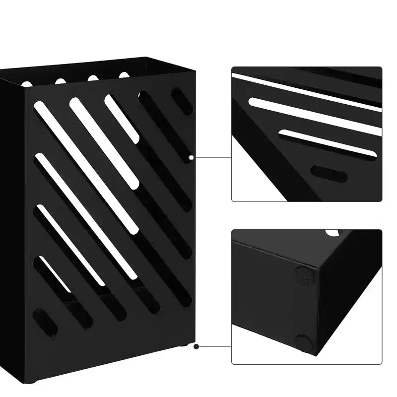 SONGMICS Portaombrelli in Metallo, Porta Ombrelli Rettangolare, con Vassoio di Raccolta Acqua Rimovibile, 4 Ganci, Design Traforato, per Ingresso, Ufficio, Nero