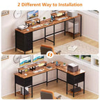 66 Inch Brown L Shaped Computer Desk with Charging Station 94.4 Inch Long Two Person Gaming Desk 4 Drawers 2 Monitor Stands Home Office Storage