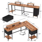 66 Inch Brown L Shaped Computer Desk with Charging Station 94.4 Inch Long Two Person Gaming Desk 4 Drawers 2 Monitor Stands Home Office Storage