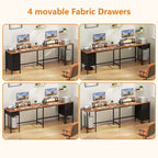 66 Inch Brown L Shaped Computer Desk with Charging Station 94.4 Inch Long Two Person Gaming Desk 4 Drawers 2 Monitor Stands Home Office Storage