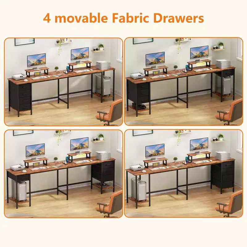 66 Inch Brown L Shaped Computer Desk with Charging Station 94.4 Inch Long Two Person Gaming Desk 4 Drawers 2 Monitor Stands Home Office Storage