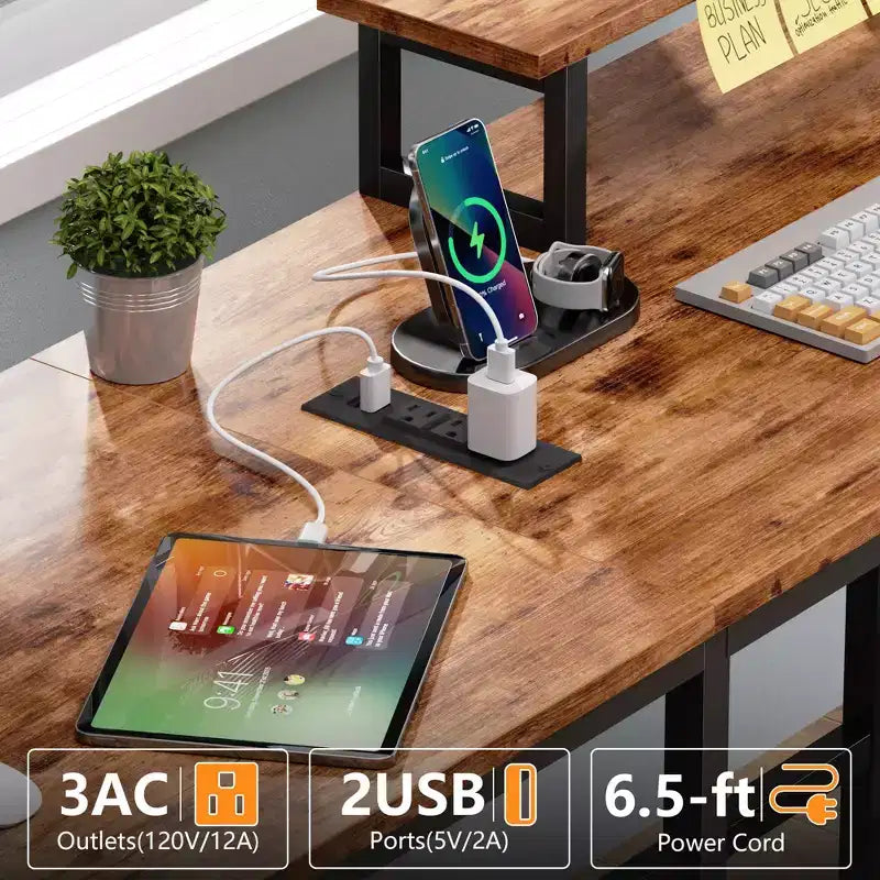 66 Inch Brown L Shaped Computer Desk with Charging Station 94.4 Inch Long Two Person Gaming Desk 4 Drawers 2 Monitor Stands Home Office Storage