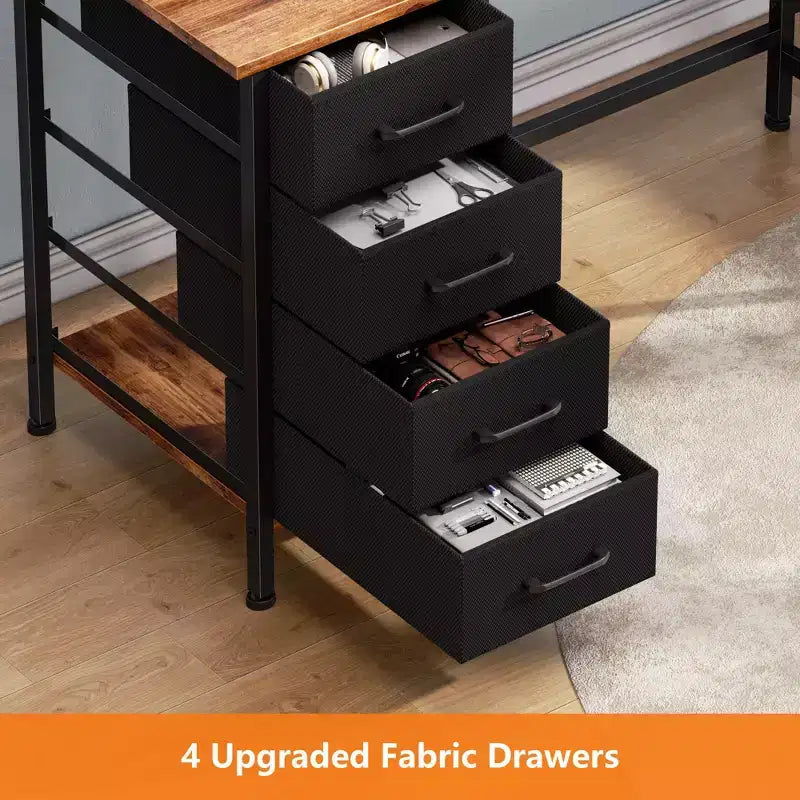 66 Inch Brown L Shaped Computer Desk with Charging Station 94.4 Inch Long Two Person Gaming Desk 4 Drawers 2 Monitor Stands Home Office Storage