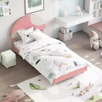 Senfot Twin/Full Bed Frame with Round Pink&White Boucle Headboard - Upholstered Arch Design, Wood Slat Support, No Box Spring Needed, Easy Setup